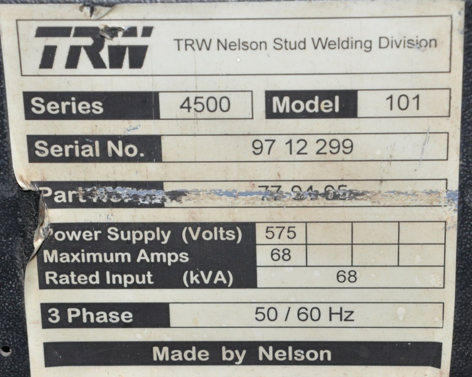 TRW Nelson Series 4500, Model 101 Stud Welding System, 3-PH, with Gun and Leads - Image 2 of 2