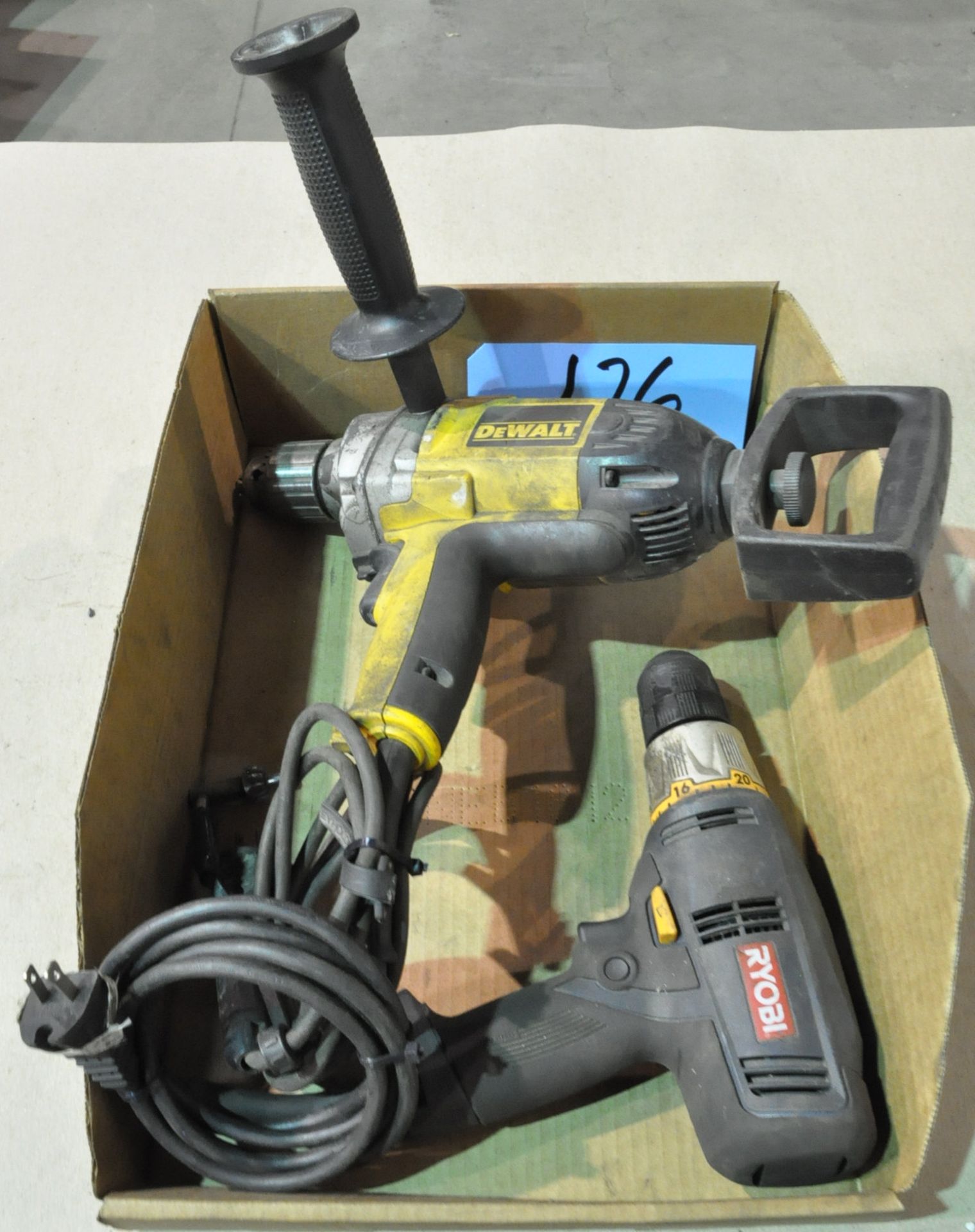 Lot-(1) DeWalt DW130V, 1/2" Electric Drill and (1) Ryobi D47C, 3/8" Electric Drills in (1) Box