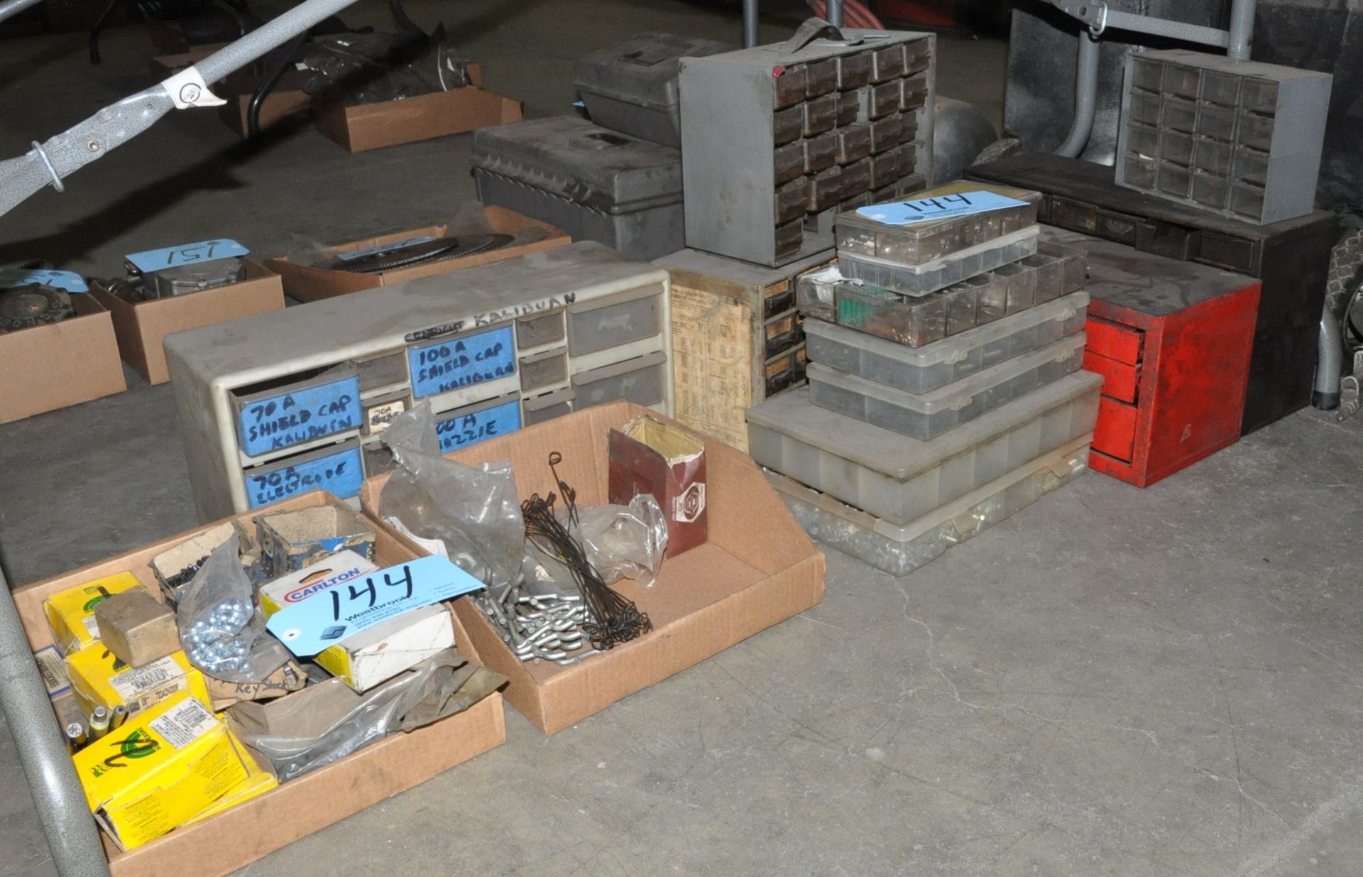 Lot-Various Hardware in (2) Boxes, Service Kits and Organizers Under (1) Table