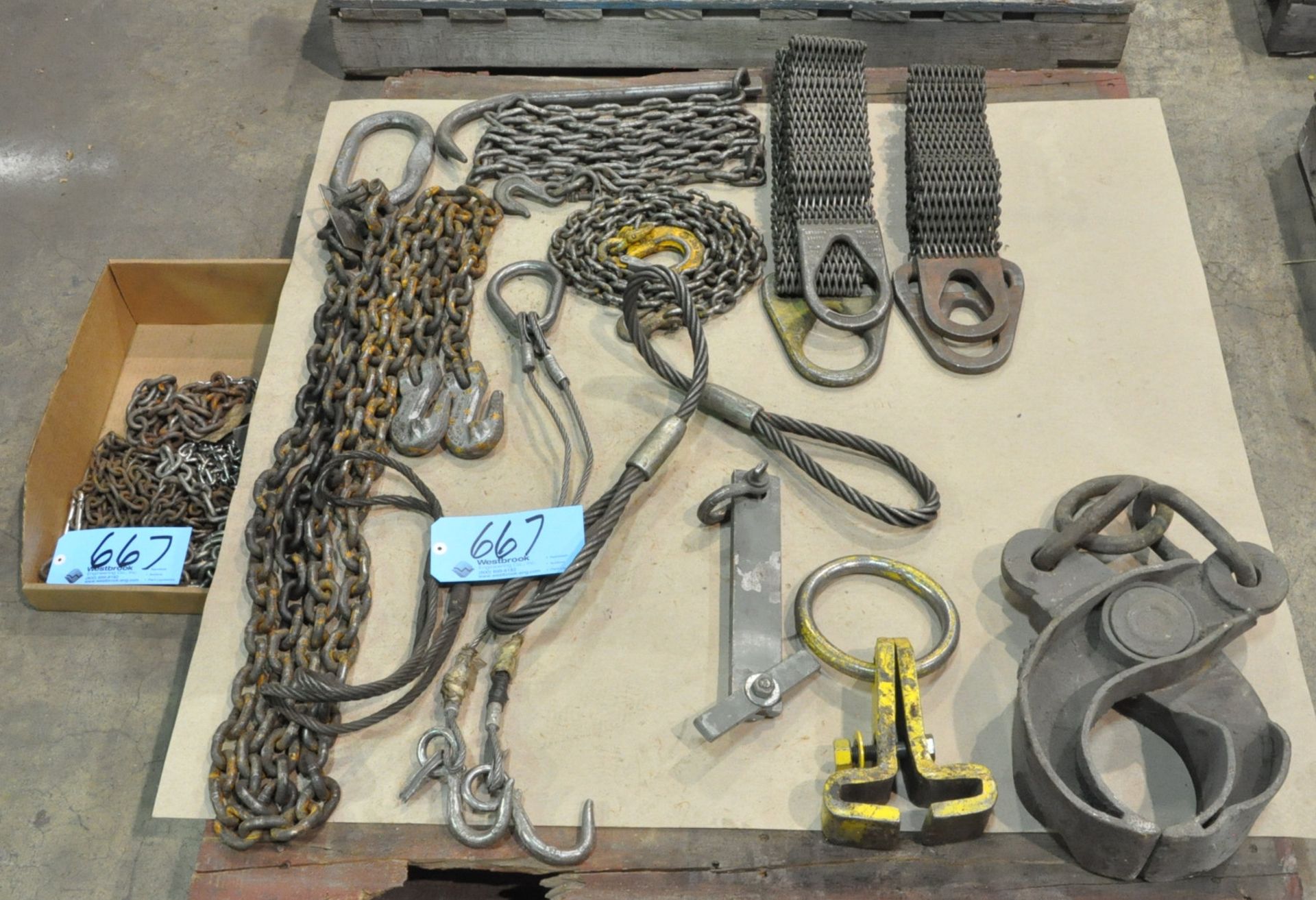 Lot-Misc. Chains, Steel Mesh Stock Slings, Grabs, Cable Sling, on (1) Pallet and in (1)