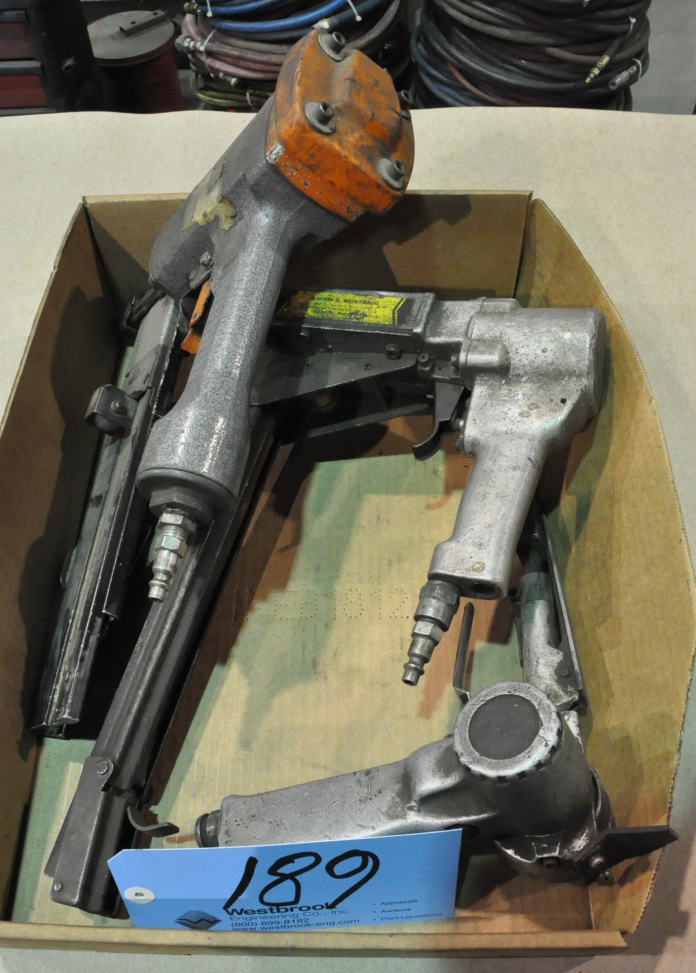 Lot-(2) No Name Pneumatic Box Stapler Guns and (1) 1/2" Pneumatic Belt Sander in (1) Box