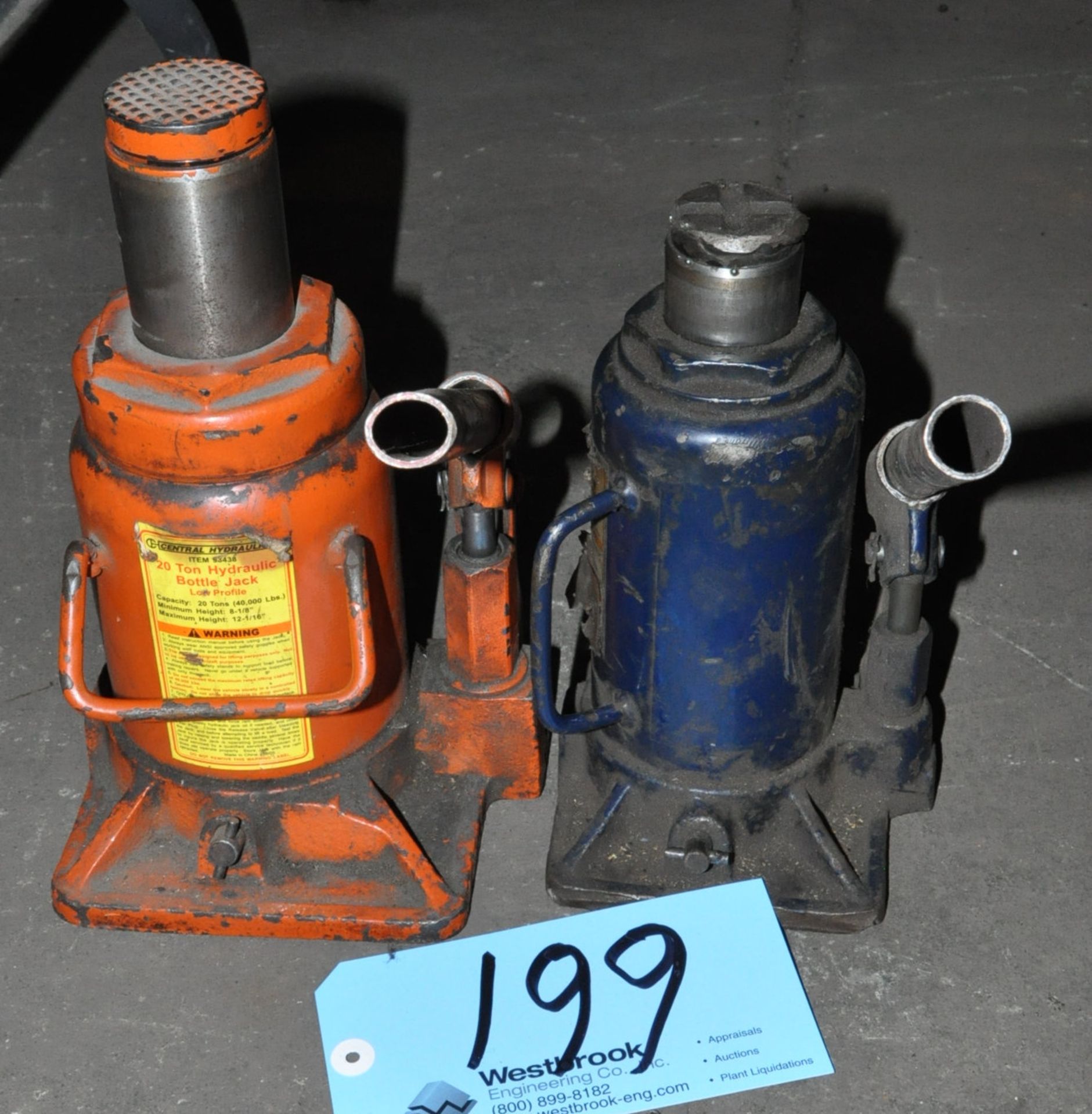 (1) Central Hydraulics 20-Ton and (1) No Name Approx 12-Ton Hydraulic Bottle Jacks Under (1) Table