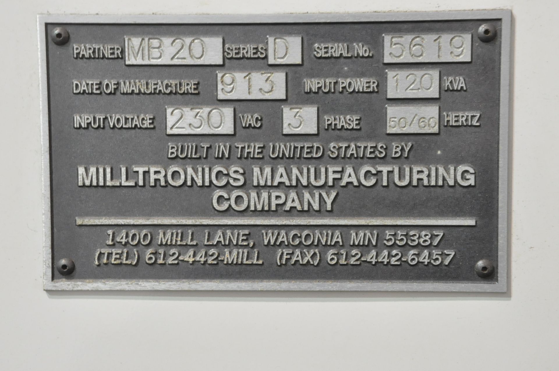 Milltronics Model MB20, Series D, Vertical Machining Center, CAT 40, Centurion 6 CNC Controller - Image 8 of 8
