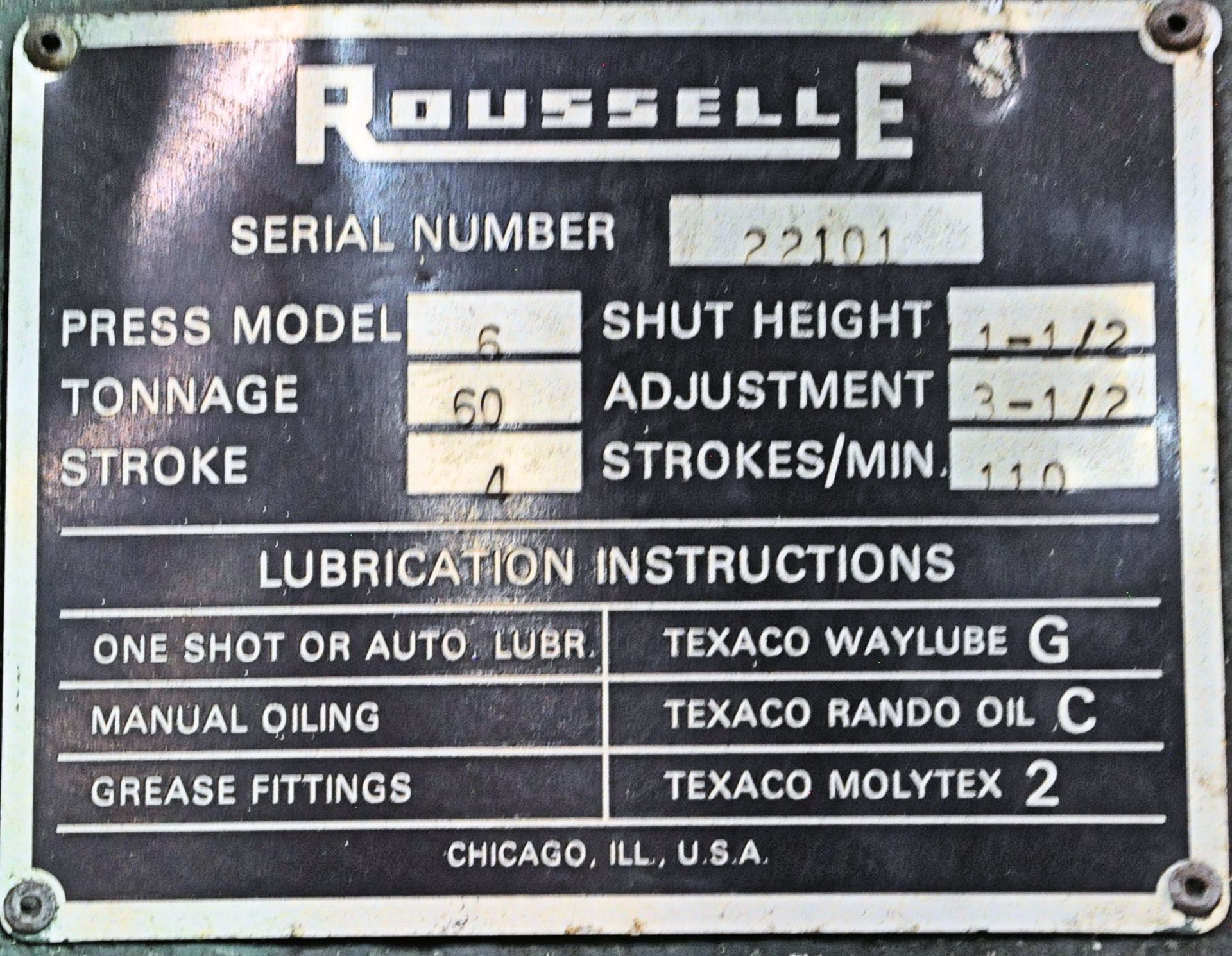 Rousselle Model 6, 60-Ton Capacity Air Clutch Open Back Press - Image 3 of 3