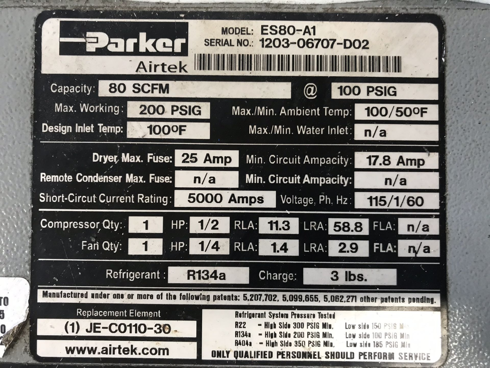 Parker Airtek ES80-A1 Refrigerated Air Dryer, 110 Volt - Image 3 of 3