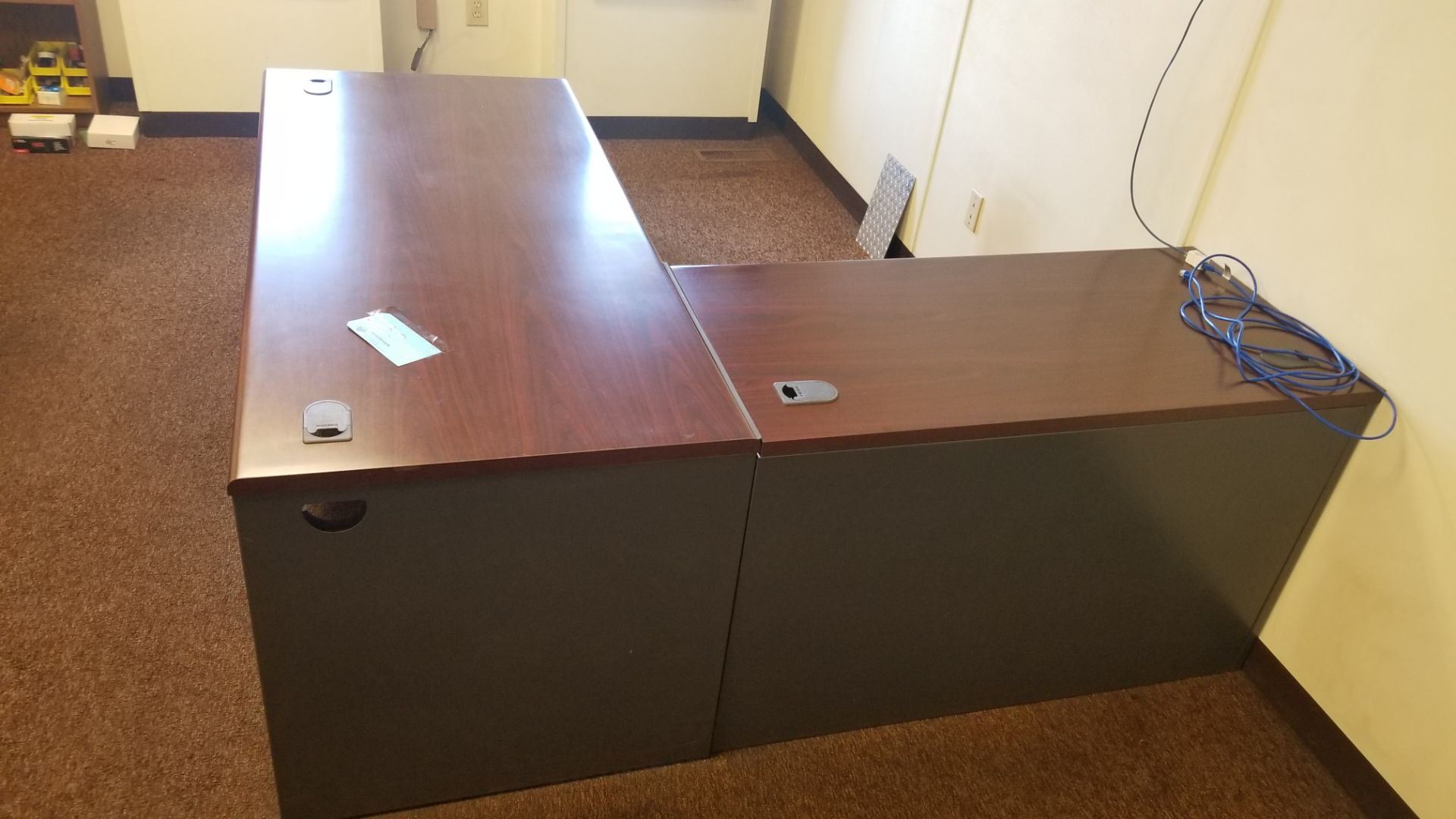 66” x 78” Desk: Grey with Brown Top and Shelf Unit