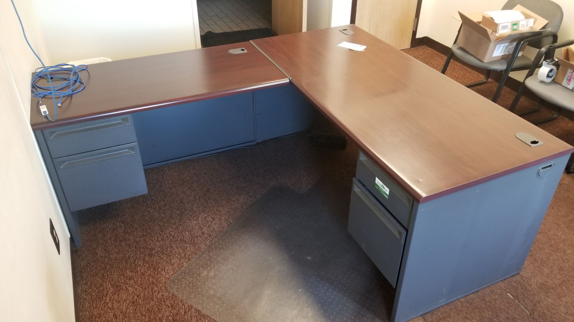 66” x 78” Desk: Grey with Brown Top and Shelf Unit - Image 2 of 3