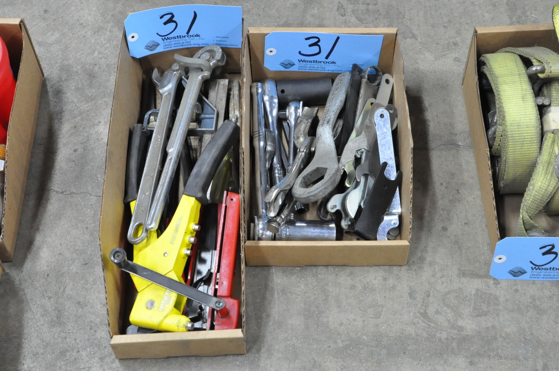 Lot-Various Hand Tools, Wrenches, Sockets, Grinder Wrenches, Rivet Gun, etc. in (2) Boxes