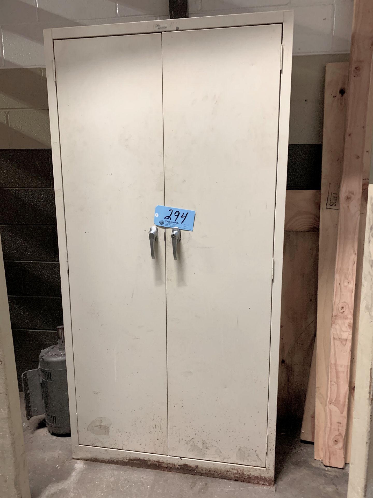 Lot-(1) 2-Door Cabinet with Office Supply Contents and (1) Section Plastic Shelving