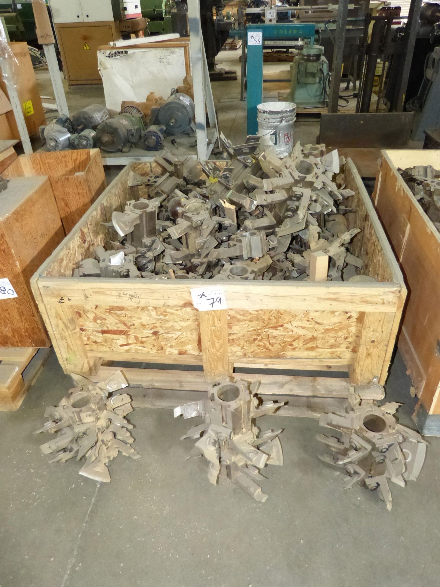 CRATE OF ROTARY LATHE SPINDLE KNIVES AND FLUTES,