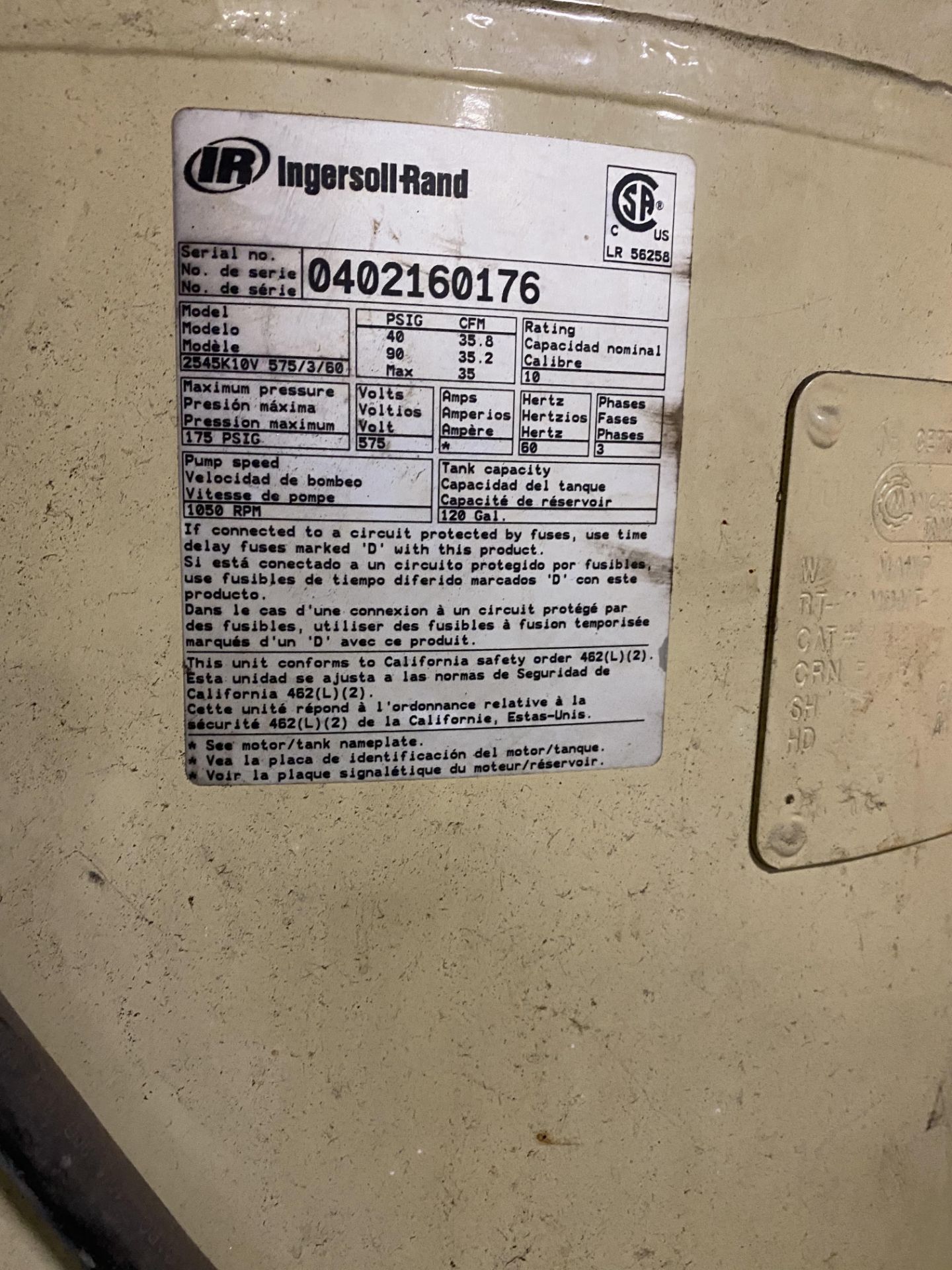 Ingersoll Rand 20Hp Vertical Air compressor, Over Sized Tank, Like New Condition, 575 volts - Image 7 of 7