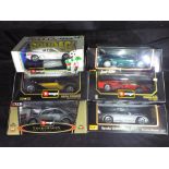 Bburago / Burago, Maisto - Six boxed diecast model cars in 1:18 scale.
