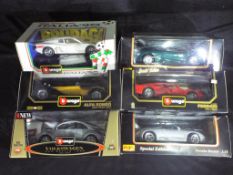 Bburago / Burago, Maisto - Six boxed diecast model cars in 1:18 scale.