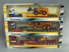 Cararama - Three boxed 1:50 scale diecast model trucks with low loader trailer and loads.