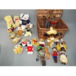 Dolls and Bears - a quantity of soft and resin teddy bears and a wicker basket containing vintage