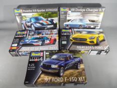 Revell - five Revel model kits 1/24 and 1/25 scale of cars to include Porsche 918 Spider,