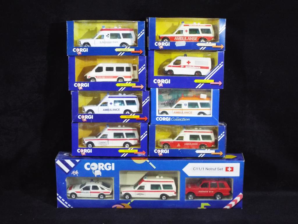 Corgi - Nine boxed diecast model Ambulance vehicles.