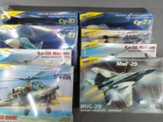 Zvezda Kits - 8 boxed 1:72 scale model kits, Russian military aircraft and helicopters,