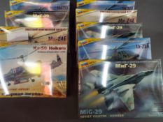 Zvezda Kits - 9 boxed 1:72 scale model kits, Russian military aircraft and helicopters,