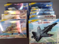 Zvezda Kits - 9 boxed 1:72 scale model kits, Russian military aircraft and helicopters,