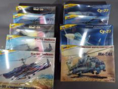 Zvezda Kits - 9 boxed 1:72 scale model kits, Russian military aircraft and helicopters,