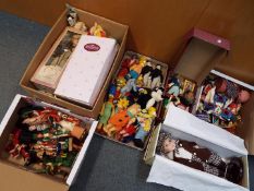 Five boxes of dolls and collectables to include The Simpsons, Walt Disney characters,