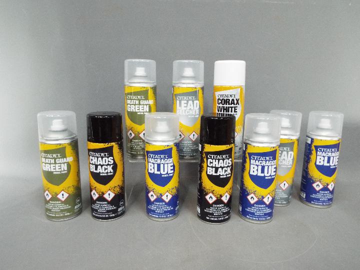 Games Workshop - Ten Citadel model paint spray cans including Lead Belcher, Corax White,