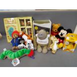 Various bears and soft toys to include Disney Mickey Mouse, Winnie the Pooh, a Gruffalo Mouse,