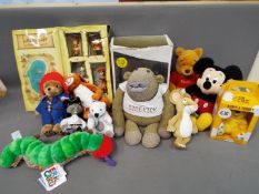 Various bears and soft toys to include Disney Mickey Mouse, Winnie the Pooh, a Gruffalo Mouse,