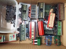 Model railways - a quantity of O gauge tin-plate rolling stock and three buffer stops,