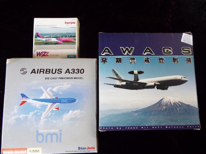 Three 1:500 scale model aircraft, Herpa, StarJets and Awacs,