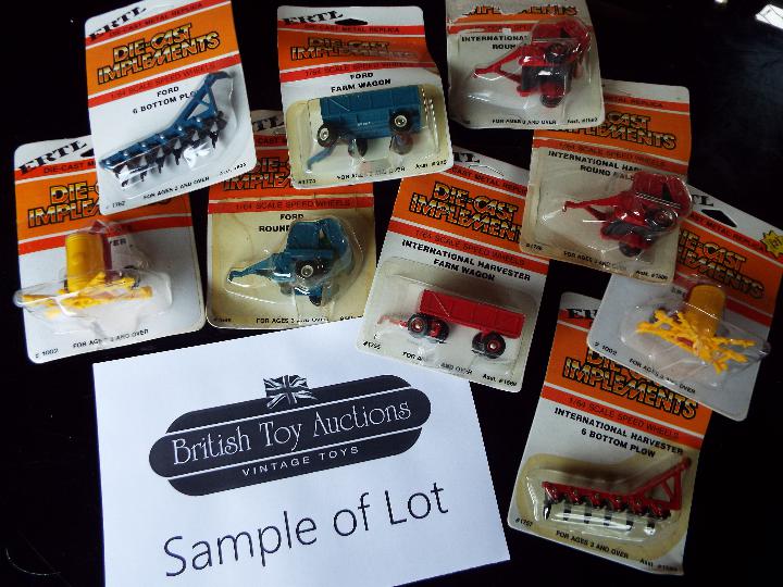 ERTL - approximately 24 diecast 1:64 scale model farm implements, wagons, bottom plows (ploughs),