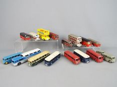 Dinky Toys, Corgi, Budgie, Tootsie, Wiking - A fllet of 16 unboxed diecast and plastic model buses.