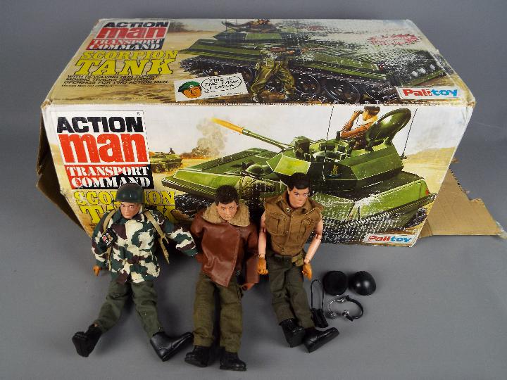 Palitoy - Three unboxed vintage 'Action Man' figures with a boxed Palitoy 'Action Man' Scorpion