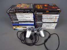 Sony - Over 20 Sony PS2 games, with a Playstation controller in silver.