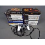 Sony - Over 20 Sony PS2 games, with a Playstation controller in silver.