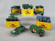 Matchbox by Lesney - A collection of nine diecast Matchbox military vehicles, 5 of which are boxed.