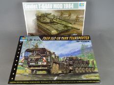 Two Trumpeter 1/35 scale boxed kits comprising Soviet T-64AV MOD 1984 # 01580 and Faun SLT-56 Tank