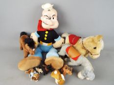 A collection of soft toys to include a Steiff brown horse approx height 18 cm,