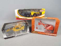 First Gear, Joal, Bantam - A boxed group of three 1:50 scale diecast construction vehicles.