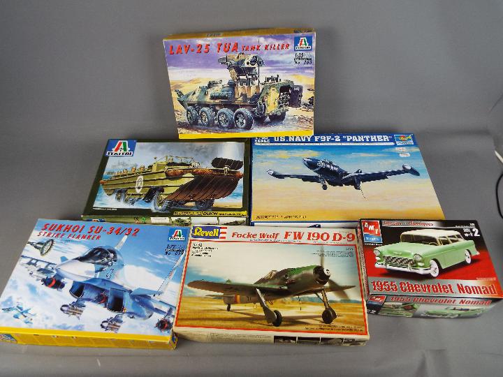 AMT, Italeri, Revell, Trumpeter - Six boxed plastic model kits in various scales.