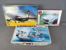 Hasegawa, Airfix - Three boxed plastic model kits in various scales.