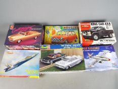 Lindberg, AMT, Tamiya, Xtrakit, Hobby Boss, Revell - Six boxed plastic model kits in various scales.