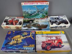 Academy, Tamiya, Esci, Italeri - Six boxed plastic model kits in various scales.