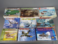 Esci Hobby Boss, Tamiya, Hasegawa Fly - Nine boxed plastic model kits in various scales.