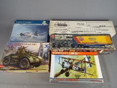 Galaxie, Bronco Models, AMT, Eduard, Italeri - Five boxed plastic model kits in various scales.