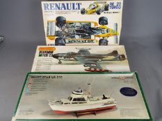 Billing Boats, Tamiya, Matchbox - Three boxed plastic model kits in various scales.