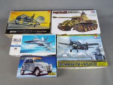 Heller, Hasegawa, Fujimi, Tamiya - Five boxed plastic model kits in various scales.