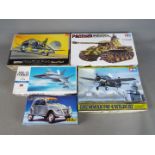 Heller, Hasegawa, Fujimi, Tamiya - Five boxed plastic model kits in various scales.