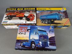 Lindberg, Italeri - Three boxed plastic model kits in various scales.